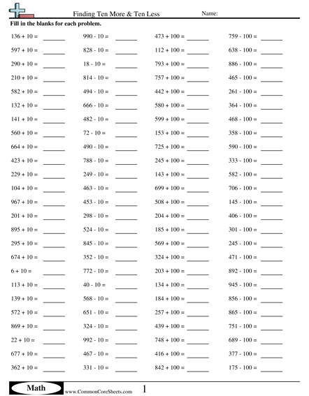 Addition Worksheets - Adding-Subtracting 10s and 100s worksheet